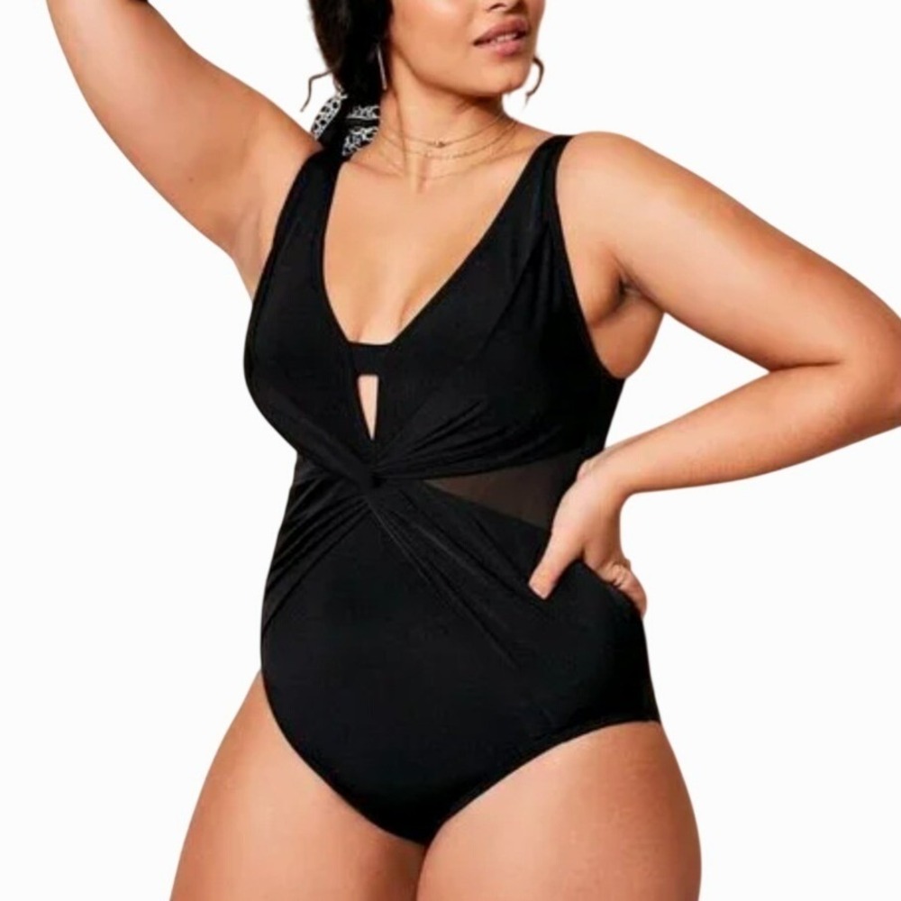 Adore Me One Piece Swimsuit Size 2X Black Twist Front Cutout Mesh Sculpting